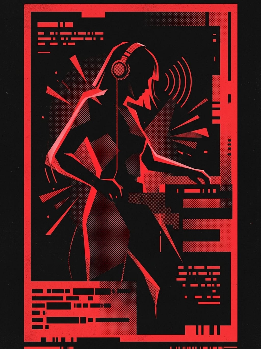 Pop-art poster 01 — abstract female electronic musician silhouette in red on dark background