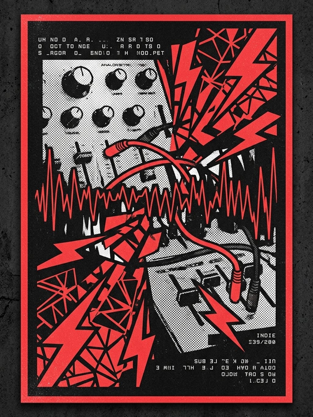 Pop-art poster 02 — abstract synthesizer and waveform imagery in red on dark background